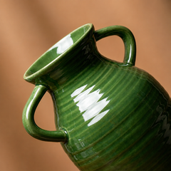 Vintage Double-Ring Green Reactive Glaze Vase & Floral Set