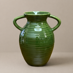 Vintage Double-Ring Green Reactive Glaze Vase & Floral Set