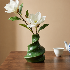 Emerald Spiral Vintage Vase & Faux Floral Set