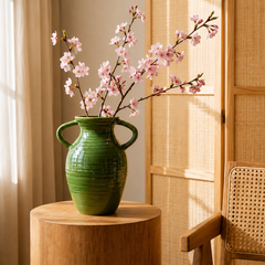 Vintage Double-Ring Green Reactive Glaze Vase & Floral Set