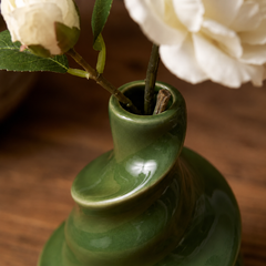 Emerald Spiral Vintage Vase & Faux Floral Set