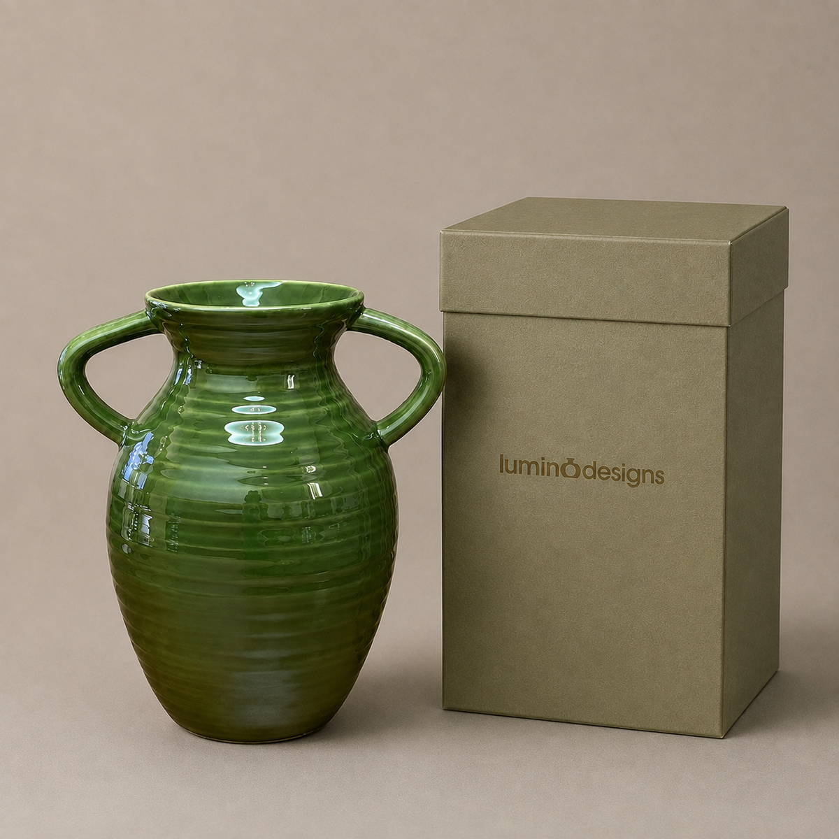 Vintage Double-Ring Green Reactive Glaze Vase & Floral Set
