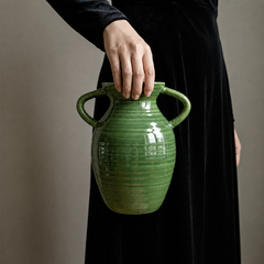 Vintage Double-Ring Green Reactive Glaze Vase & Floral Set
