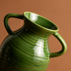 Vintage Double-Ring Green Reactive Glaze Vase & Floral Set